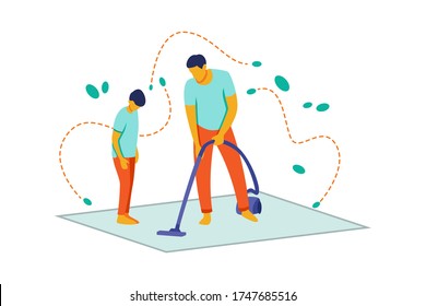 Illustration of a father and son cleaning the house using a vacuum cleaner. Flat style cartoon character with orange and green colors. The concept of family activities at home