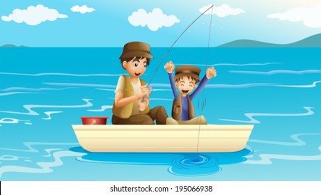 Illustration of a father and a son fishing