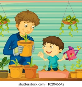 Illustration of father and son gardening