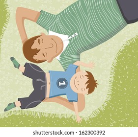 Illustration of father and son lying down on blanket having fun.