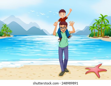 Illustration of a father and a son on the beach