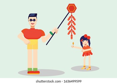 An illustration of father and son playing firecracker together. A vector of unique character illustration, this illustration can use as a sticker also. 