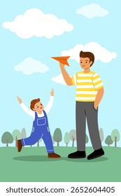 Ilustração de pai e filho estão jogando plano de papel no parque em estilo cartoon, para o design de arte sobre pai com a atividade de criança ou família.