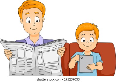 Illustration of a Father and Son Reading the Latest News on a Newspaper and a Computer Tablet