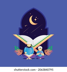 Illustration father and son reading quran in the night