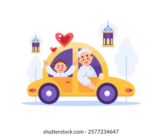 illustration of a father and son riding a car to go home to their hometown. happy family going home. enjoying the trip. traveling. ramadan, eid al-fitr, eid al-adha. flat style design. elements