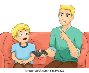 Illustration of a Father and Son Sitting on the Couch as the Dad Teaches His Son How to Use the Remote Control