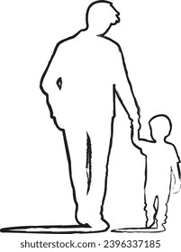 illustration father and son, walking together, father holding his son's hand, line drawing