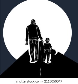 illustration of father and son walking towards the light