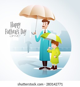 Illustration of a father and son wearing rain coat, and holding umbrella in a rainy day on city view background, concept for Happy Father's Day celebration.