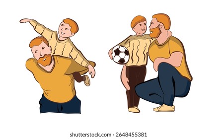 illustration of father and son in yellow and brown colors editable vector