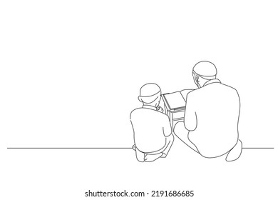 Illustration Of Father Teaches The Child To Read The Quran. Oneline Art Drawing Style
