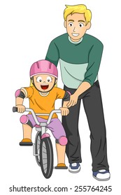 Illustration of a Father Teaching His Daughter How to Ride a Bike