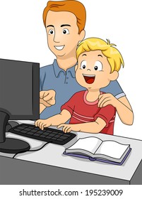 Illustration of a Father Teaching His Son How to Use a Computer