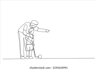 Illustration of father teaching his son how to play golf. One line art style
