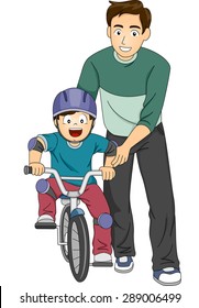 Illustration of a Father Teaching His Son How to Ride a Bike