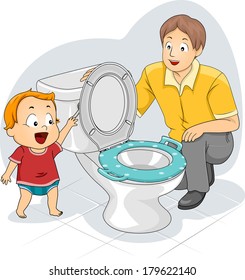 Illustration of a Father Teaching His Toddler How to Flush the Toilet