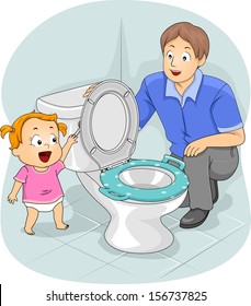 Illustration of a Father Teaching His Young Daughter How to Flush the Toilet