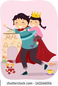 Illustration of a Father Wearing a Cape Giving His Crown Wearing Daughter a Piggyback Ride