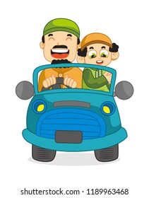 illustration of father and younger brother riding in a car
