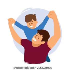 illustration for father's day, happy father carrying his son on his shoulder, father and son union concept .