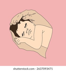 Illustration of father's hand lulling baby to sleep in his grasp, Gentle Embrace of a Sleeping Baby's Peaceful Slumber