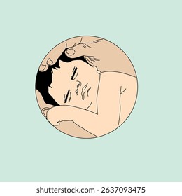 Illustration of father's hand lulling baby to sleep in his grasp, Gentle Embrace of a Sleeping Baby's Peaceful Slumber
