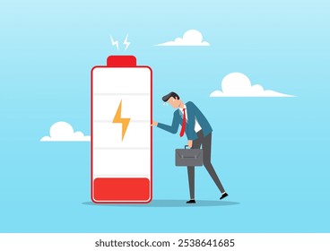 An illustration of fatigue and tired businessman stand with low battery sign. Exhausted and fatigue from hard work, low energy or motivation concept