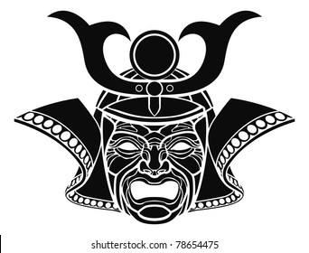 An illustration of a fearsome monochrome samurai mask