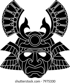 An illustration of a fearsome monochrome samurai mask