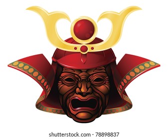 An illustration of a fearsome red and yellow samurai mask