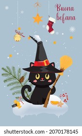 Illustration for the feast of Epiphany on a gray background with black cat. With the words "Good Epiphany". Italian Christmas tradition. vector illustration