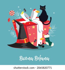 Illustration for the feast of the Epiphany on a light blue background with black cat. With the words "Good Epiphany". Italian Christmas tradition. vector illustration