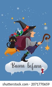 Illustration for the feast of the Epiphany on a light blue background with befana and black cat. And with the words "Good Epiphany". Italian Christmas tradition. vector illustration. 