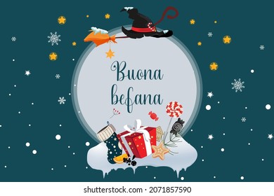 illustration for the feast of the Epiphany on a light blue background. With the words "Good Epiphany". Italian Christmas tradition. vector illustration. can be used as a greeting card.