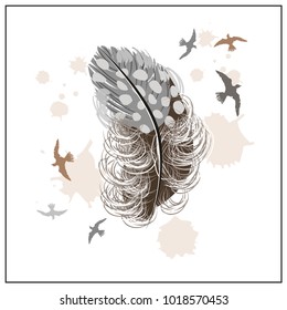 
Illustration with a feather in the center and birds