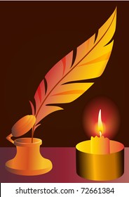  illustration feather inkwell and burning candle