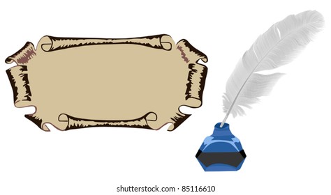 illustration with feather and old scroll isolated on white background