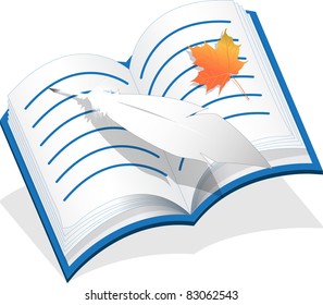 illustration, feather and openning notebook on white background