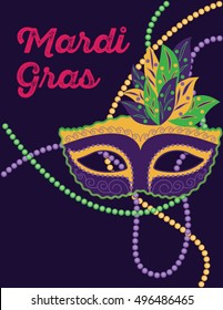 Illustration of a feathered mask and coloured beads for a masquerade ball or Mardi Gras celebrations. The mardi gras mask is in green, purple and gold/yellow colors.