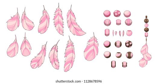 illustration feathers, beads, set, isolated elements, boho, pastel color