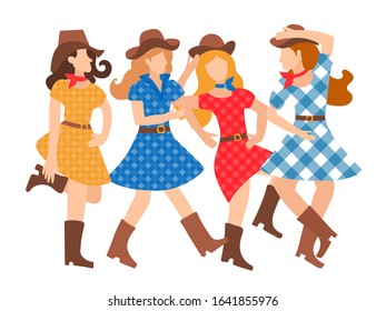 Illustration of a featured young girl dancing country style flat style. Beautiful and cheerful women dance in American tradition. Hats, plaid dresses, cowboy boots. Dance school design, poster, invita