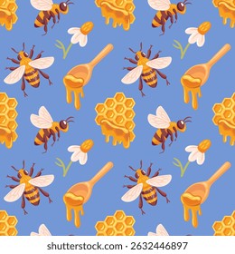 illustration features adorable bees buzzing around golden honeycombs, accompanied by a wooden honey dipper dripping with sweet honey. The design celebrates the beauty of nature, the joy of beekeeping.
