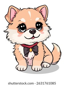 Illustration features an adorable cartoon style puppies with light brown and soft white feathers. Vector.