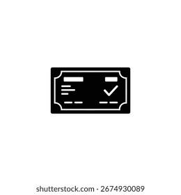 Illustration features a black checkbook with a check mark. Minimalist design on a transparent backdrop symbolizes banking and payment.