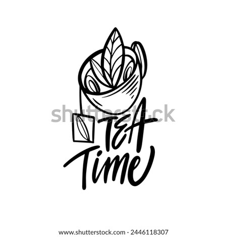 The illustration features a black mug with tea leaves inside and the inscription Tea time, set against a white background
