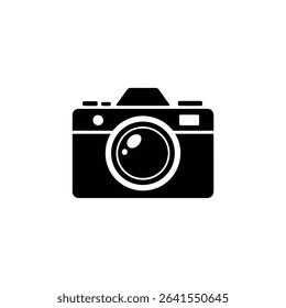 Illustration features a black and white camera icon with a modern design. Perfect for photography projects or representing photographic equipment, suitable for various creative uses.