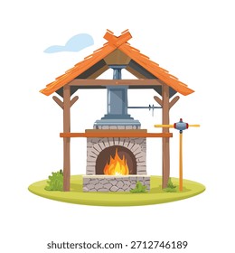 Una ilustración presenta una forja de herrero con un interior ardiente, un exterior de piedra y una chimenea debajo de un dosel de madera. El diseño tiene un estilo de dibujos animados con colores vibrantes y un entorno soleado.