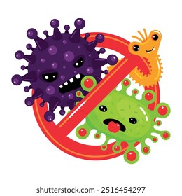 The illustration features brightly colored evil germs on a white background, with a prominent red stop symbol, emphasizing the importance of stopping the spread of harmful germs.