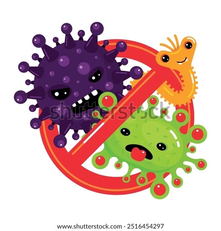 The illustration features brightly colored evil germs on a white background, with a prominent red stop symbol, emphasizing the importance of stopping the spread of harmful germs.
